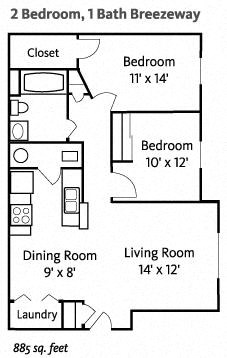 Floor plan for 2 beds, 1 bath, 843 sqft